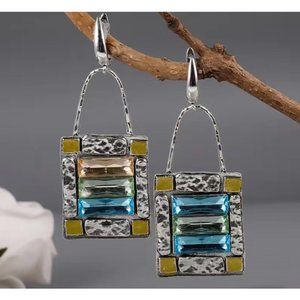 "Beautiful Tribal Crystal" Vintage Green Blue Hook Earrings